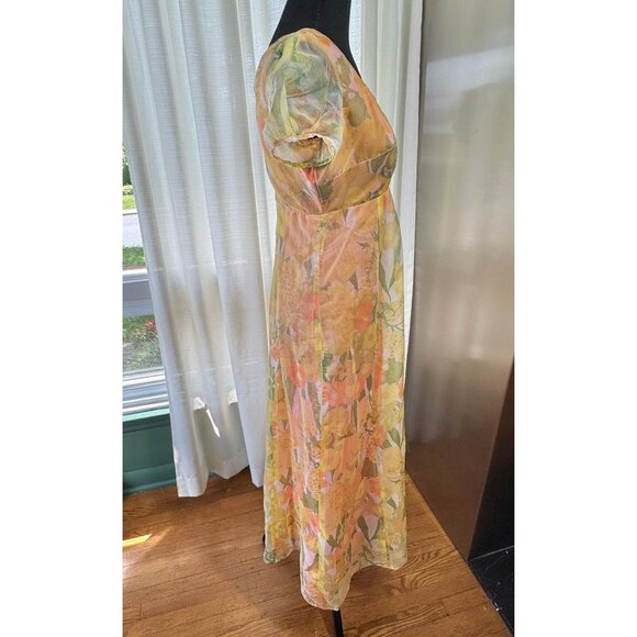 Vintage 1970s maxi dress, orange green pink floral, sheer short puff sleeves - Picture 6 of 10